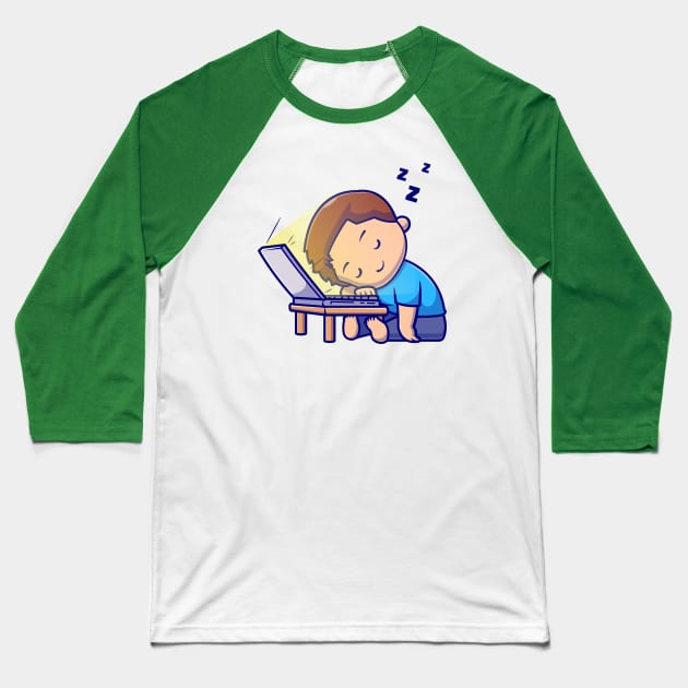 Cute Boy Sleeping On Laptop Cartoon Baseball T-Shirt by Catalyst Labs